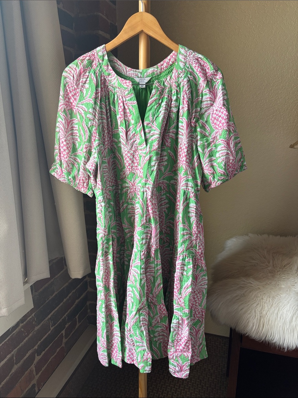 Crown Vintage Pink & Green Printed Midi Dress Size L